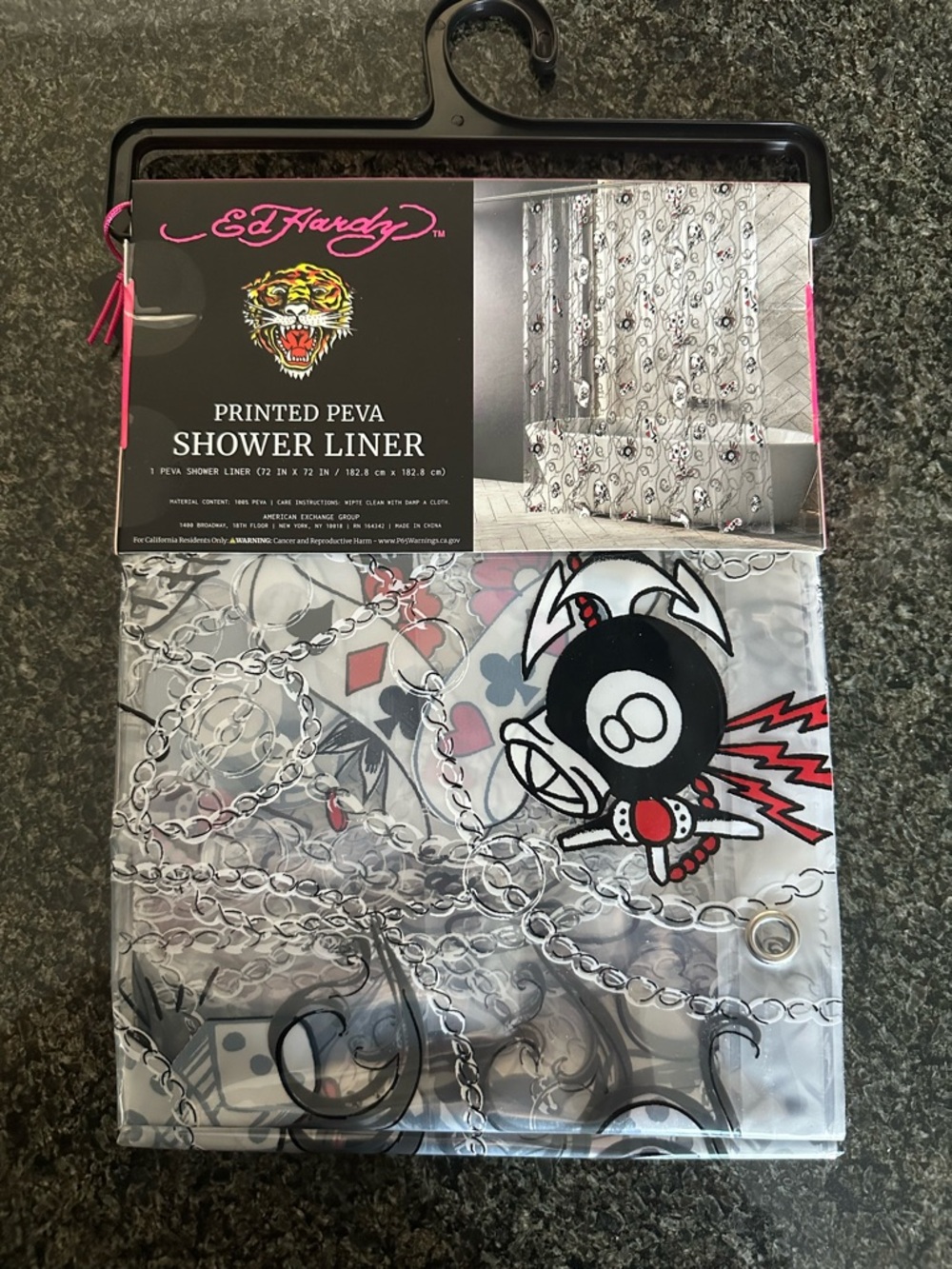 Ed Hardy Shower Liner in Black, White, Pink and Red
